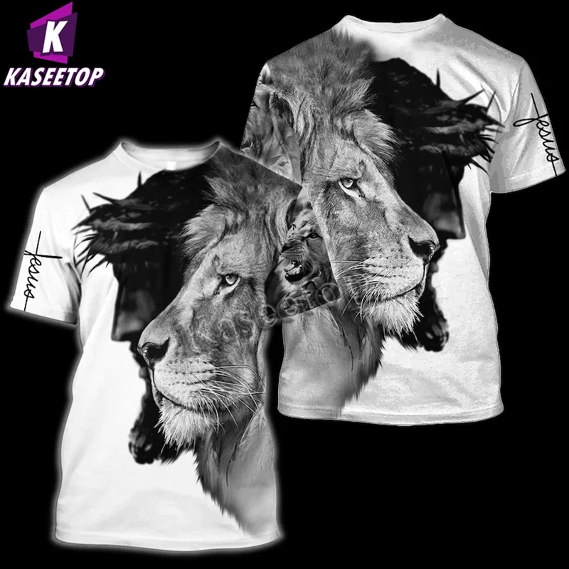 

KASEETOP Summer Men 3D T-Shirt All Over Printed T Shirt Unisex Lion Jesus Shirts Christian Jesus Lion Tee Shirt Plus Size T04