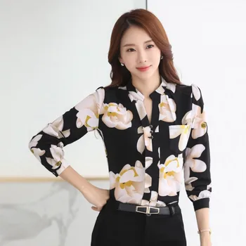 

Fashion V-Neck Chiffon Blouses Women Slim Floral Office Work Wear Shirts