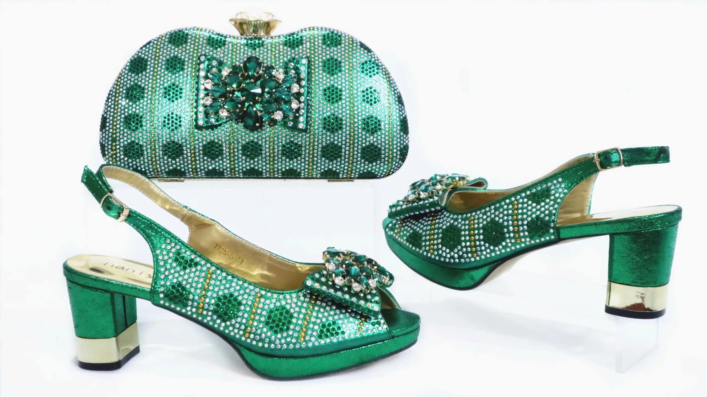 

Nigeria green shoes matching bag set with size 38 to 43 high quality many stones italian shoes and bag set 2020 SB8476-4