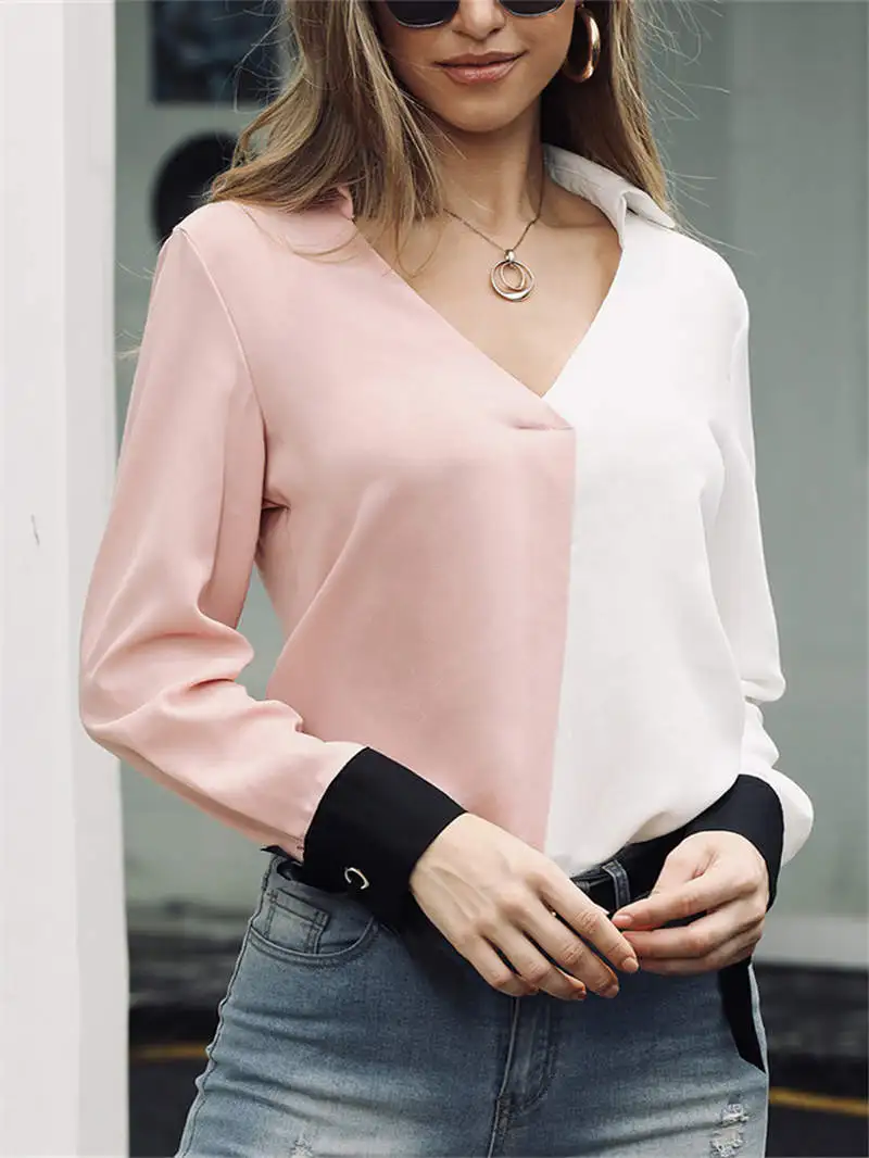 

2019 Summer Women Elegant Pink Basic Top Female OL Work Leisure Shirt Colorblock Insert Long Sleeve Casual Blouse