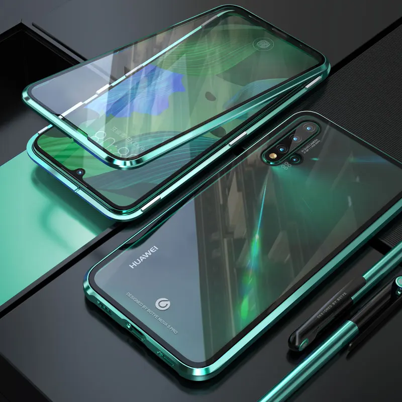 Металлический магнитный адсорбционный чехол для huawei nova 5 pro Чехол из закаленного стекла Передняя Задняя крышка для huawei nova 5i Чехлы бампер - Цвет: green