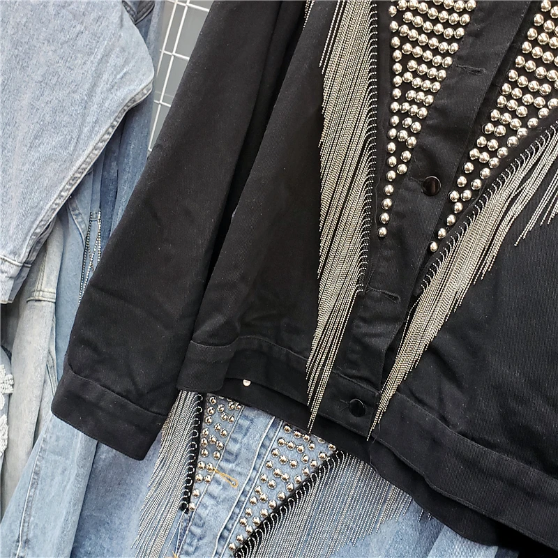 Chaquetas Mujer джинсовая куртка женская куртка с заклепками и кисточками джинсовая куртка BF куртка-бомбер женская джинсовая куртка крутые свободные топы больших размеров