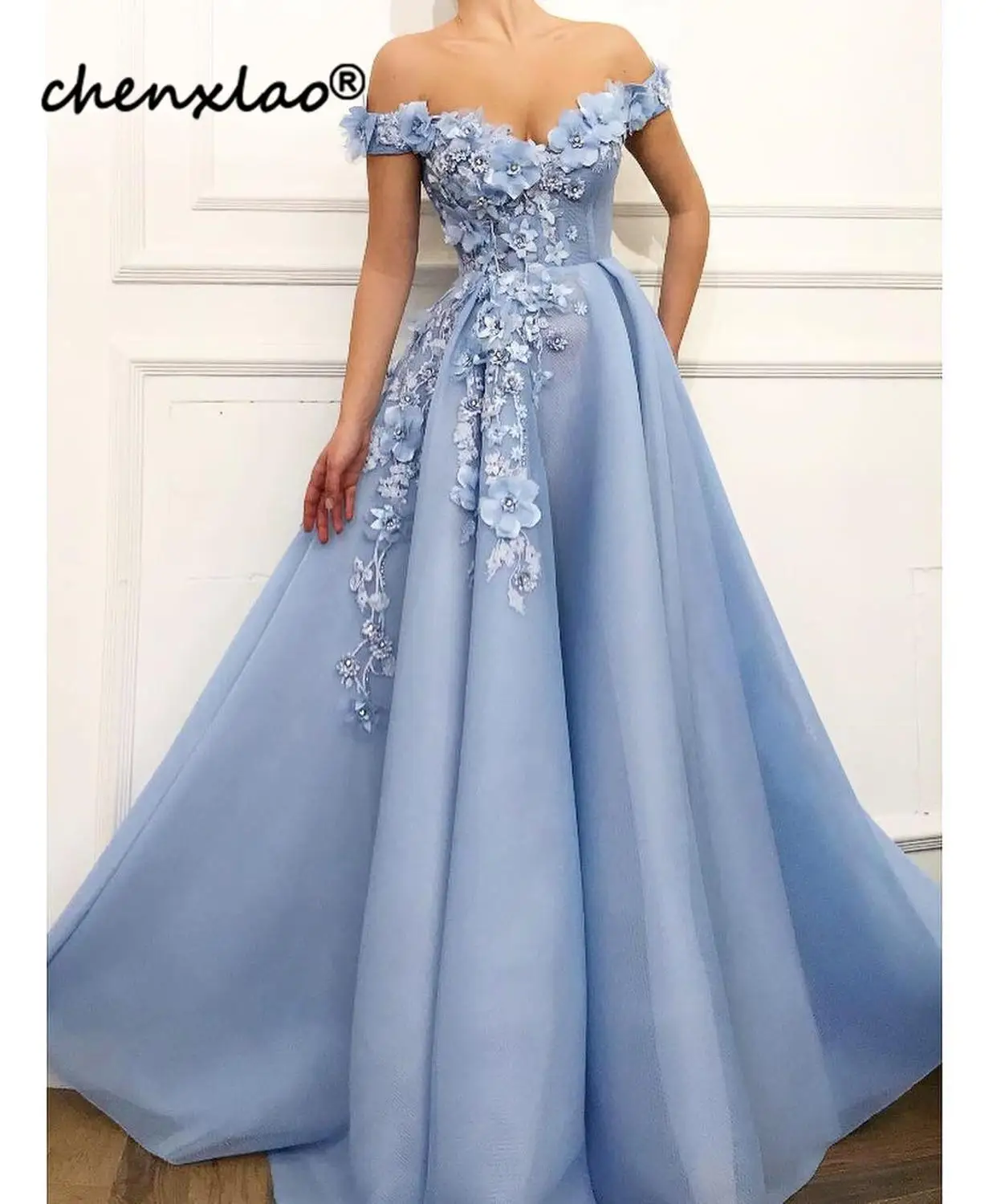 same as image Sky Blue Evening Dress 3D Flower Evening Dresses Long Muslim Style Evening Party Dress Formal Gowns Vestido de festa Longo - Цвет: same as image