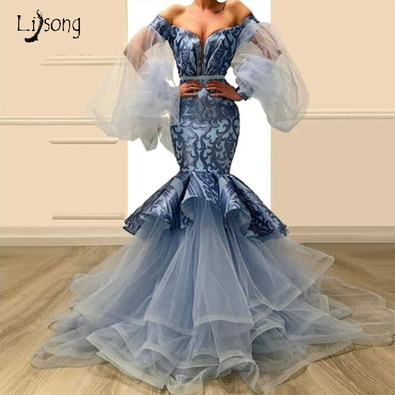 New Middle East Off Shoulder Mermaid Long Evening Party Dresses Elegant Full Sleeves Appliques Prom Gowns Sexy robe de soiree