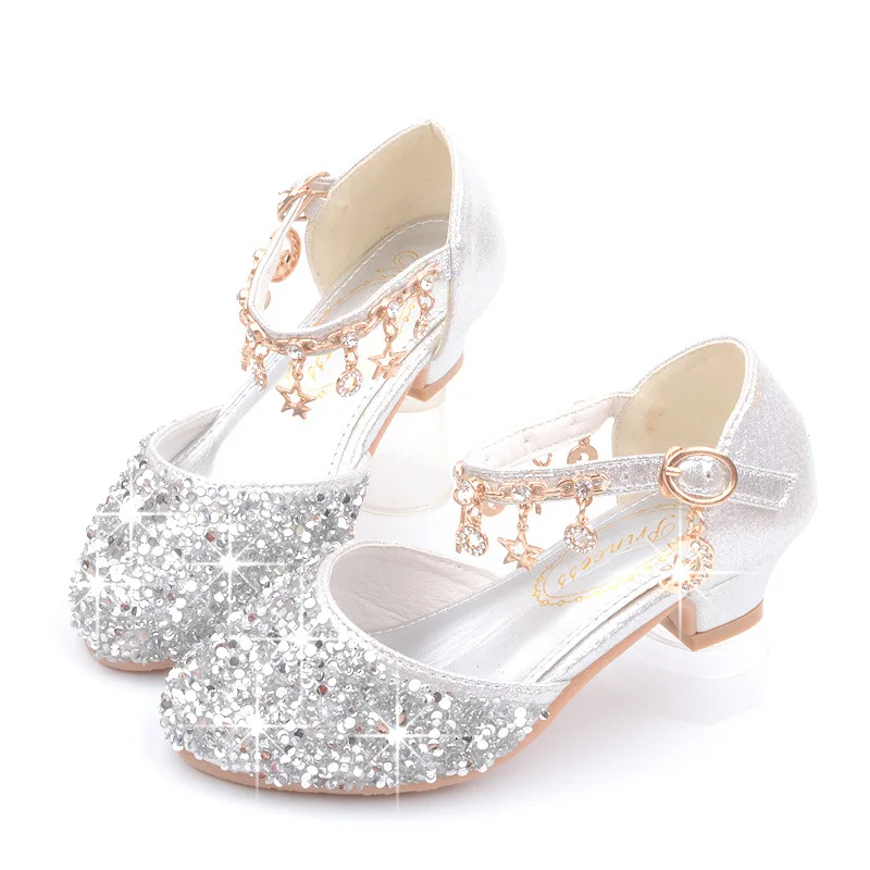 Детская летняя обувь для девочек на высоком каблуке; стразы; сандалии принцессы для детской вечеринки; Свадебная танцевальная обувь; От 4 до 14 лет