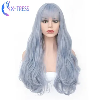 

Blue Color Synthetic Hair Wig with Bangs Middle Part Loose Wave X-TRESS Wig For Black Women Heat Resistant Colorful Hairpiece