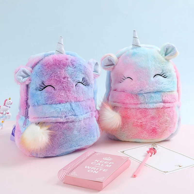 Soft Cute Travel Bags School Bag Rainbow Plush Girls Backbag Unicorn Backpack