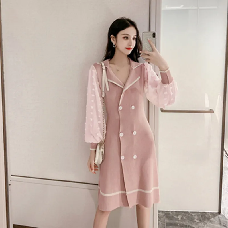 

2020 Autumn Winter Sweater Dress Women Dot Tassel Appliques Knitted Vintage Double-breasted Striped Short Knitted Dresses