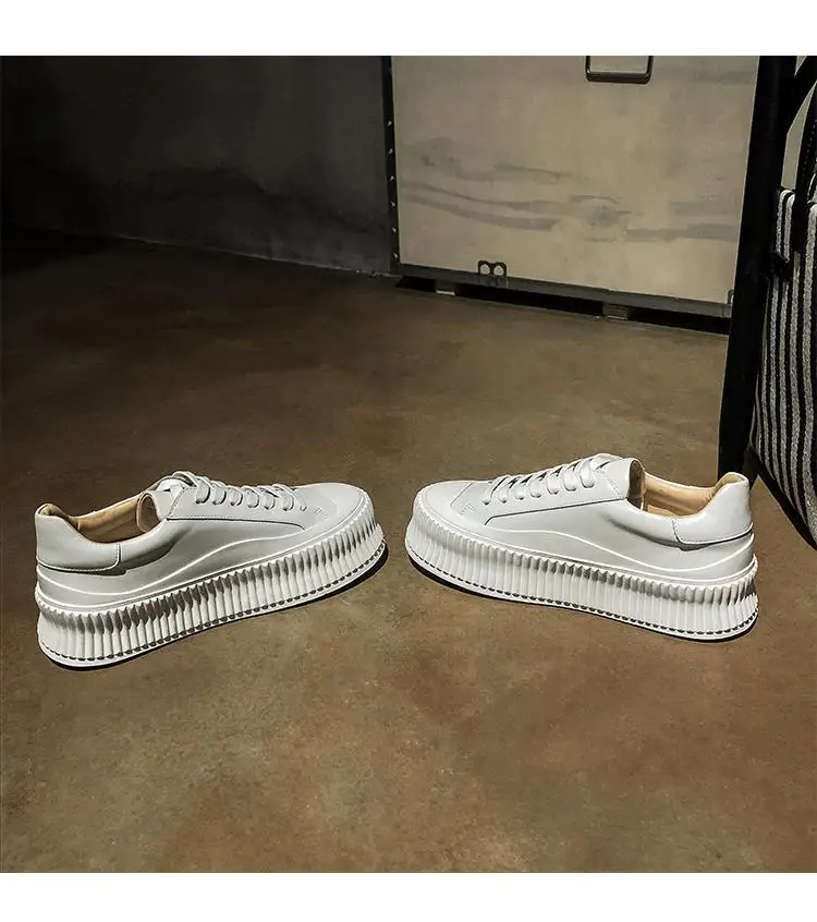 Leather White Casual Shoes Women Lace Up Solid Shoes Spring New Thick-soled Cakes Version Flat Shoes Women Platform Shoes