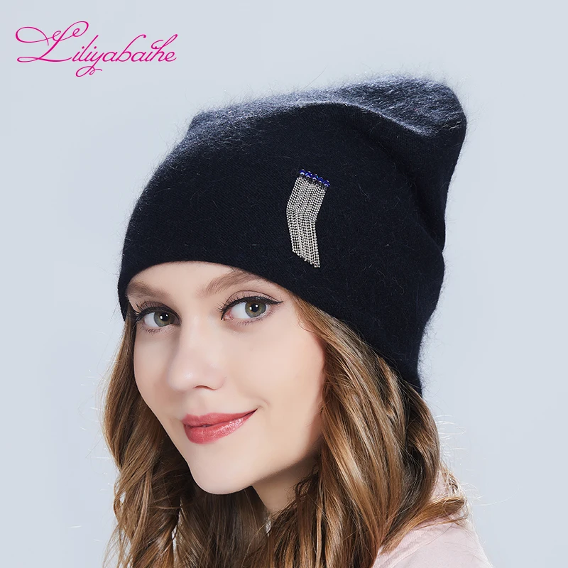 

Liliyabaihe Autumn winter hat women hat with angora wool knitted fringe decoration warm hats