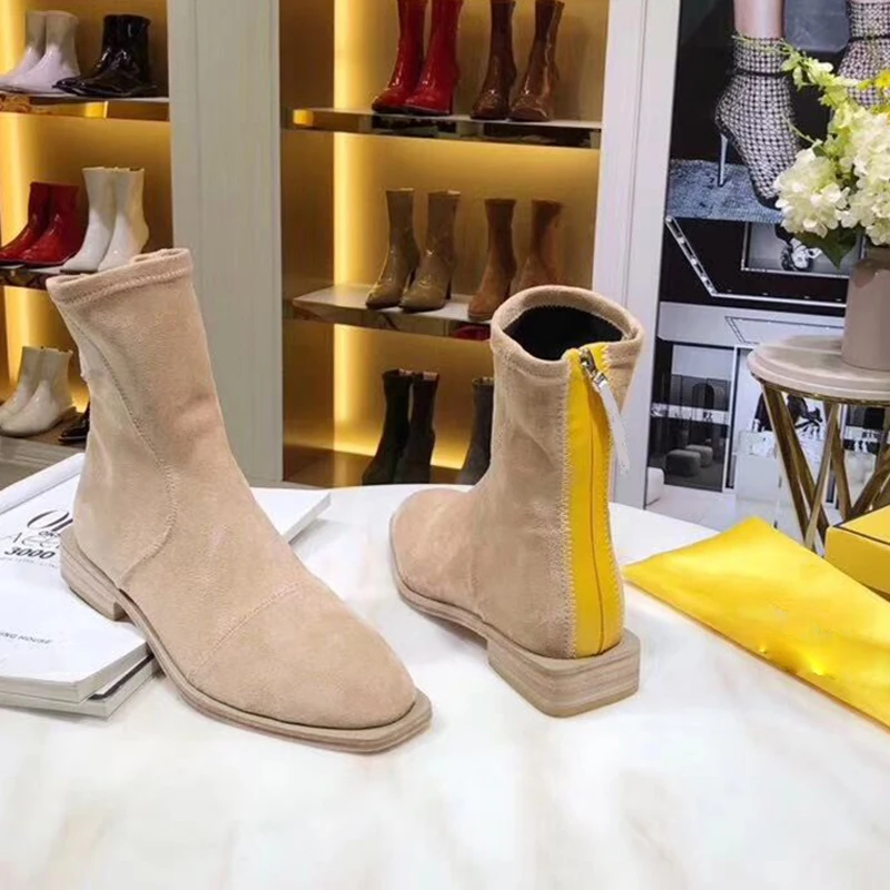 khaki suede Женские замшевые ботильоны из лакированной кожи; ботинки на плоской подошве с молнией сзади; Модные Ботинки martin в британском стиле; натуральная кожа; - Цвет: khaki suede