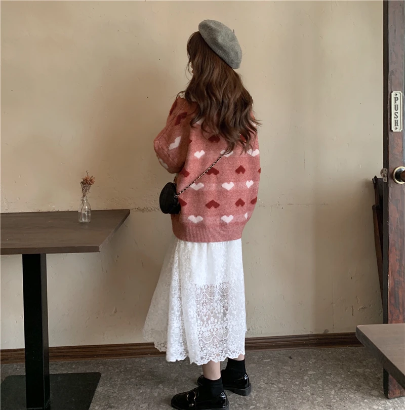 Женский милый вязаный свитер с милым сердечком, розовые милые свитера с длинным рукавом, Harajuku Kawaii свитер с круглым вырезом, вязаный джемпер, пуловеры