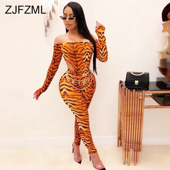 

Animal Print Sexy Two Piece Matching Set Outfits Women Slash Neck Long Sleeve High-Cut Bodysuit and Bodycon Trousers Sweat Suits
