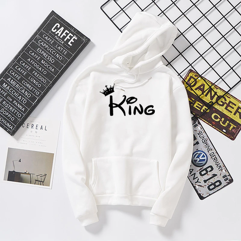 White KING Король Королева Корона печати для мужчин и женщин уличная осень толстовки с длинными рукавами Толстовка для влюбленных зима с капюшоном пуловеры пальто с капюшоном - Цвет: White KING