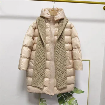 

Winter 2020 New Coat Knit Hooded Scarf Trim Cape White Duck Down Down Jacket Medium Length Women