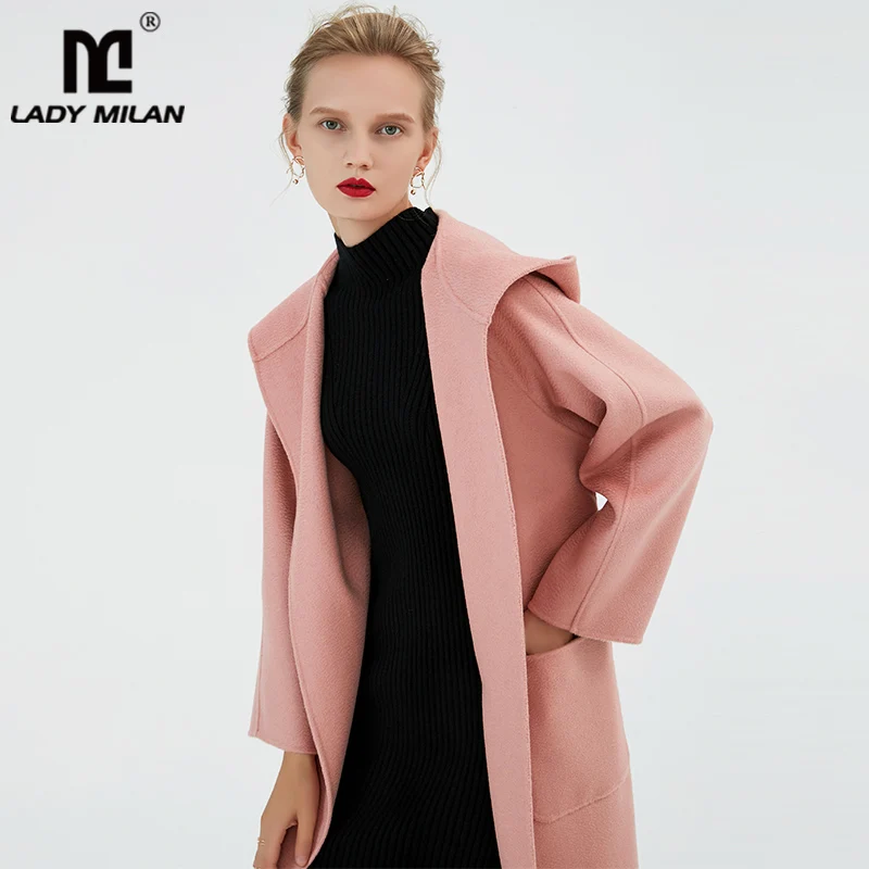Top Quality Women's Runway Coats Hooded Collar Long Sleeves Sash Belt Front Pockets Fashion Winter Wool Overcoat Outerwear