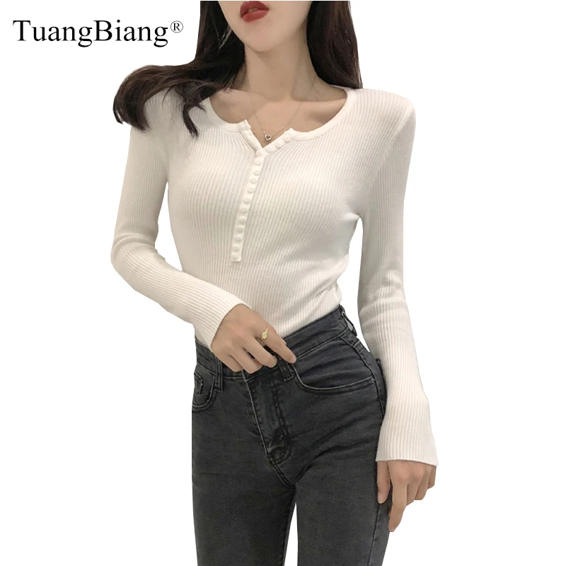 Single Breasted Women Full Sleeve Button V-Neck Sweater 2021 New Knitted Basic Elasticity Pullovers Autumn Spring Jumpers Ladies | Женская