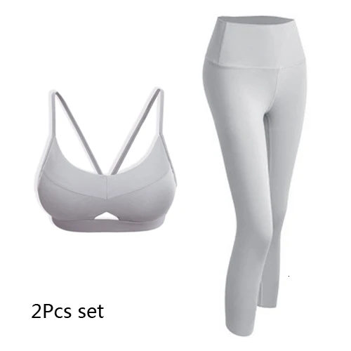 Gray 2Pcs Set 2 шт., женские комплекты для йоги, одежда для спортзала, спортивные Леггинсы с высокой талией, штаны для йоги, бега, сексуальный пуш-ап спортивный бюстгальтер, спортивная одежда, комплект для фитнеса - Цвет: Gray 2Pcs Set