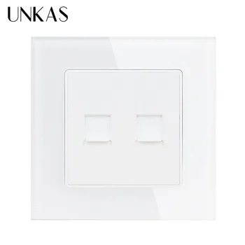 

UNKAS White Luxury Crystal Glass Panel Double RJ45 Internet Data Computer Jack CAT5E Connector Outlet Wall Socket