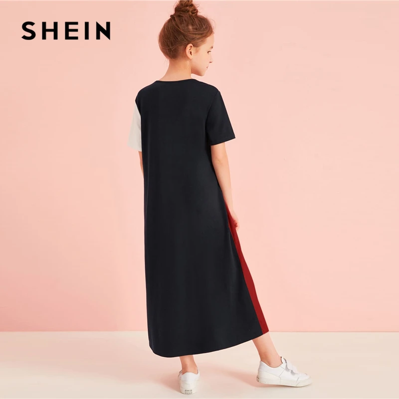 SHEIN/Детская Повседневная футболка разных цветов с вырезами и вышивкой; детская одежда; коллекция года; сезон осень; детские длинные платья с короткими рукавами и цветными блоками