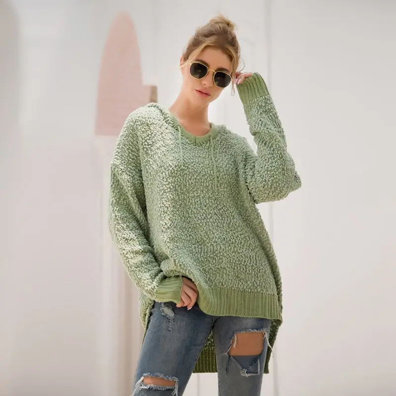 

Womens Long Sleeves Drawstring Hooded Sweaters Fluffy Plush Casual Loose Pullover Tops Knitted High Low Asymmetric Sweatshirt