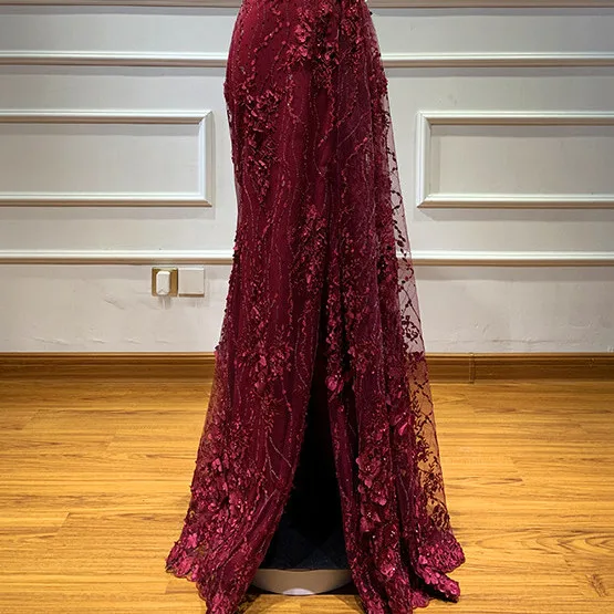 wine red Розовый слинг кружевной цветок жемчуг вечерние платья сексуальные без рукавов Роскошные тюлевые вечерние платья настоящая фотография LA60711 - Цвет: wine red