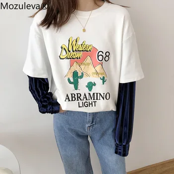 

Mozuleva High Quality Spring Letter Printed Women T-Shirt Casual Cotton Tops Shirts for Women Wild Loose Splice-sleeved Shirts