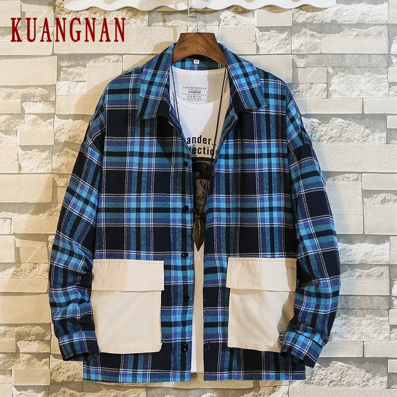 

KUANGNAN Blue Plaid Shirt Men Fashions Men Shirt Long Sleeve Mens Shirts Casual Slim Fit 5XL Streetwear 2019 Autumn New