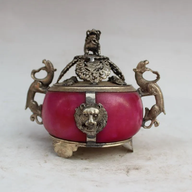 

Chinese Antique Colourful Porcelain Armor Tibet Silver Handwork Incense Lion Censer Buddhism Supply Home Decoration