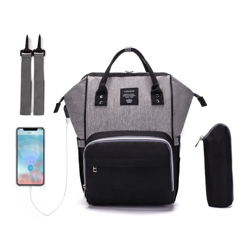 Black gray Модный Перезаряжаемый USB рюкзак для мам, рюкзак для путешествий с большой емкостью, дизайнерская сумка для ухода за ребенком, сумка для подгузников - Цвет: Black gray