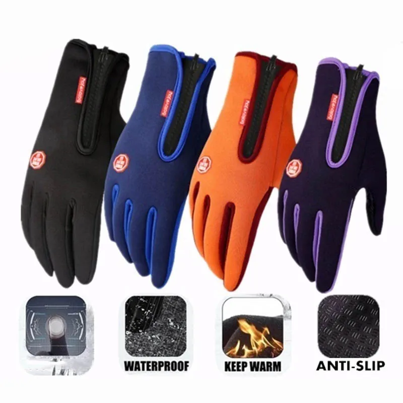 Men Warm Zipper Ski Gloves Winter Sports Waterproof Touchscreen Snow Mittens 