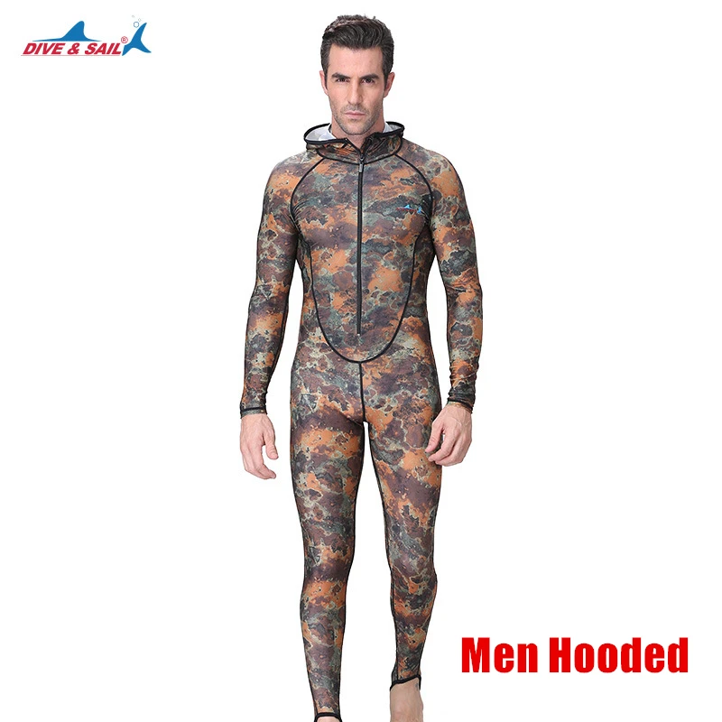 Dive&Sail Men Women One Piece Lycra Wetsuit Skins Long Sleeve Spearfishing Diving Suit with Camouflage Pattern Anti UV Surf Suit - Цвет: Men Hooded