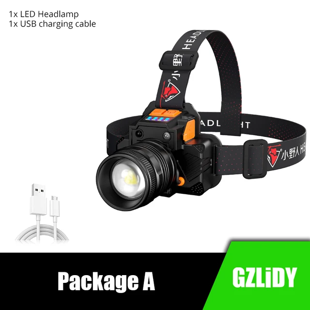 USB Rechargeable LED Headlamp Super Bright T6/L2 Waterproof Headlight with Sensor Switch 3 Modes Fishing Flashlight Zoom Lantern Package A