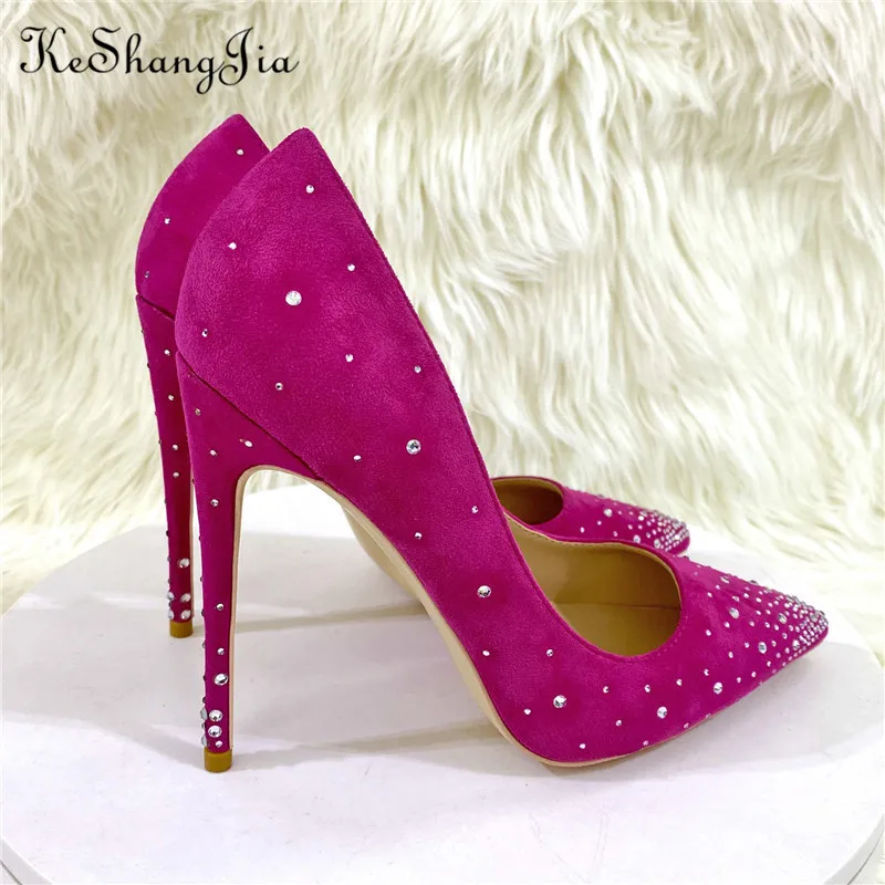 

Ke Shang Jia Rose Pink Flock Women Rhinestones Pointed Toe Stiletto Pumps Elegant Suede High Heel Wedding Party Shoes Size 33-46