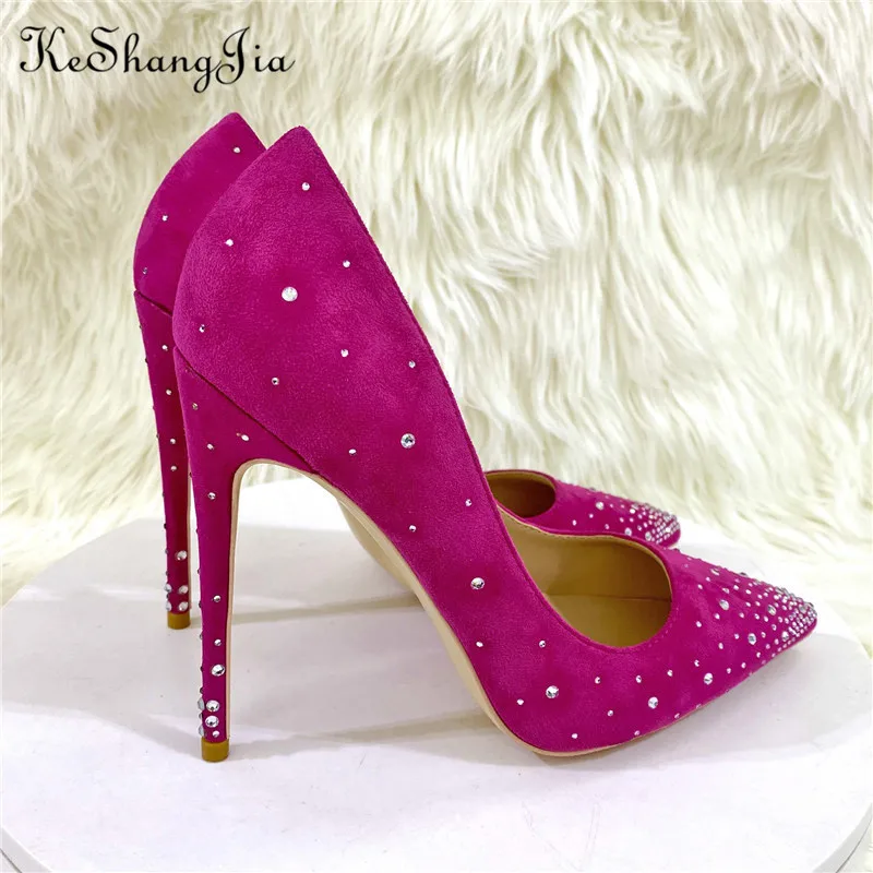 Ke Shang Jia Rose Pink Flock Women Rhinestones Pointed Toe Stiletto Pumps Elegant Suede High Heel Wedding Party Shoes Size 33-46
