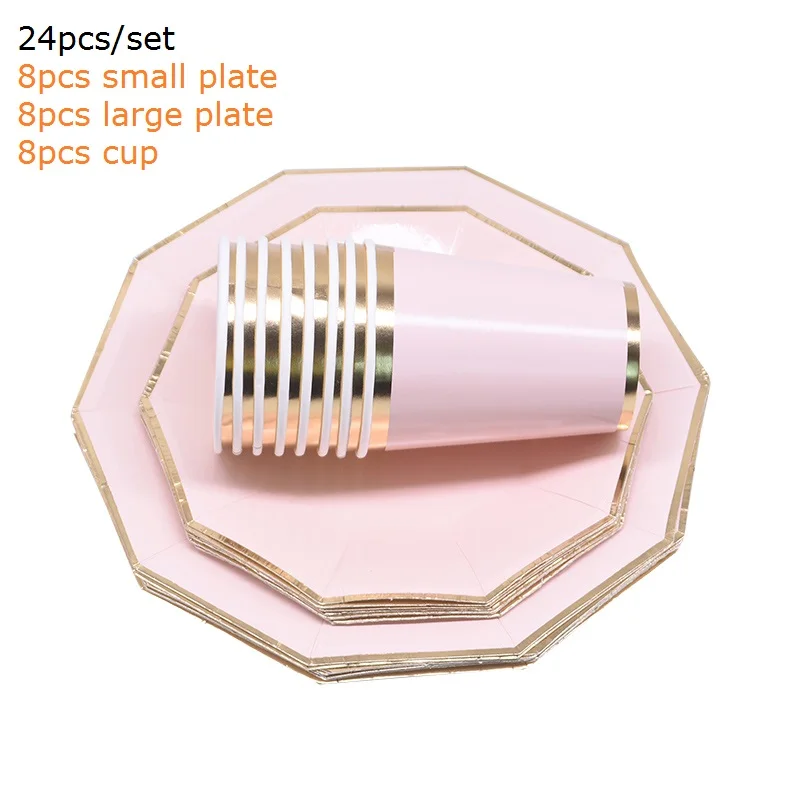 pink set 24 шт/лот зеленый розовый синий бумажный стаканчик наборы подставок вечерние одноразовые столовые приборы для детей и взрослых день рождения принадлежности Рождество Свадьба - Цвет: pink set