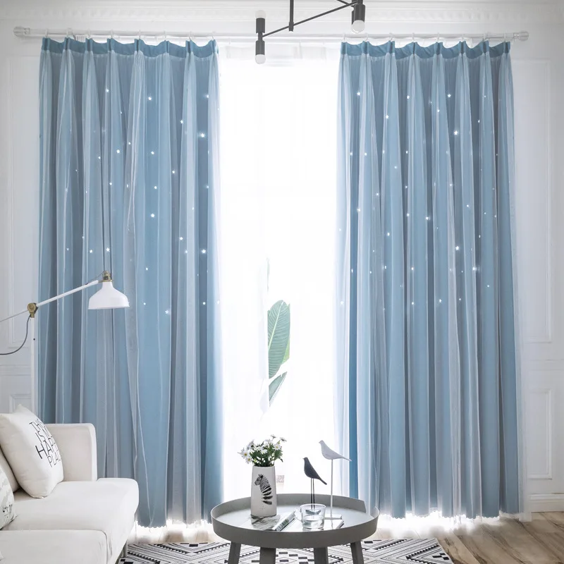 Hollow Star Double Layer Blackout Curtains For Bedroom Kids Girl Pink Sheer Window Curtains For Living Room Window Treatments