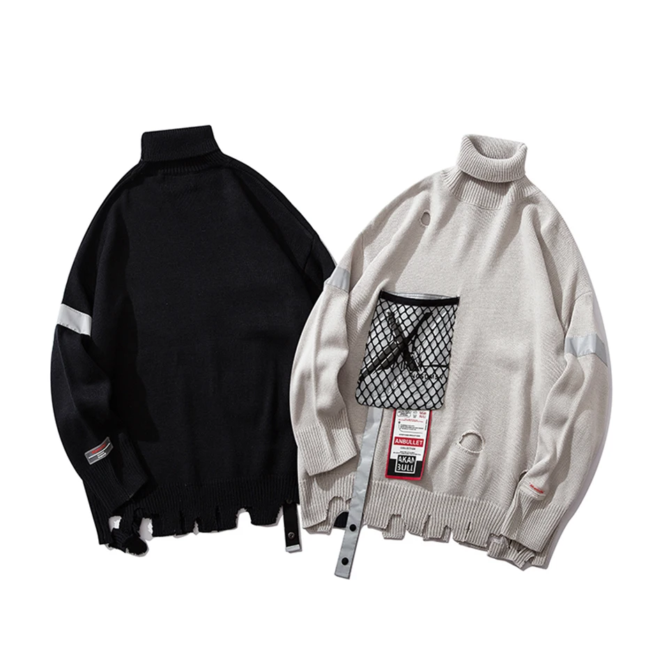3M Reflective Turtleneck Hole Loose Mens Swwater Luminious Ribbon Loose Casual Maglioni Uomo Oversize Black Gray Sweaters Male
