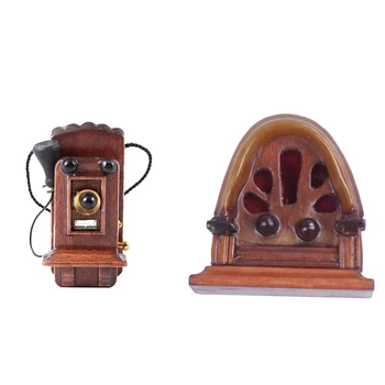 

2 PCS 1:12 Miniature Vintage Antique Radio Dollhouse Decoration Accessories, Brown & Coffee