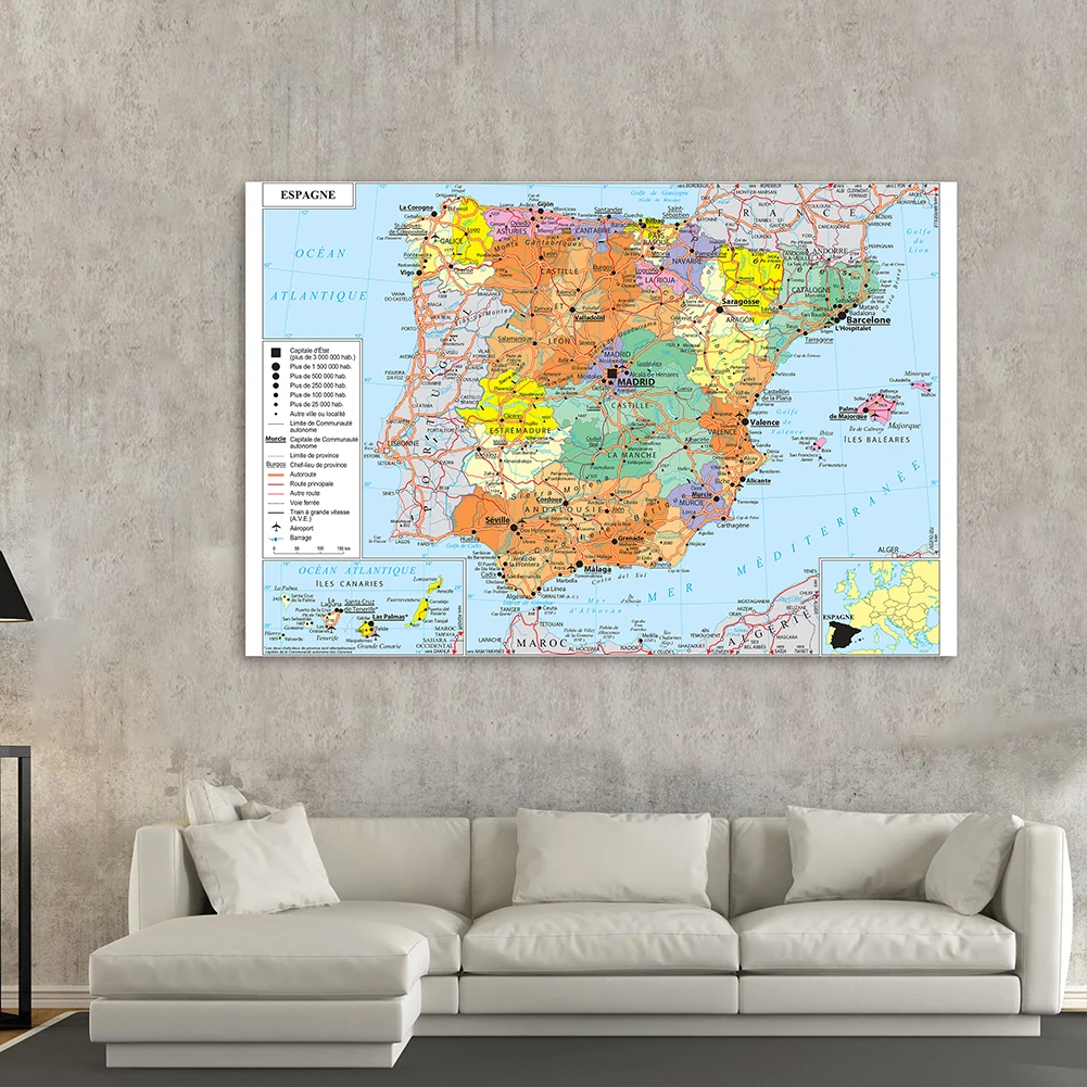 150*100cm The Spain Political Transportation Map world map poster spain road map In French Wall Art Poster Non-woven Canvas Painting School Supplies Home Decor