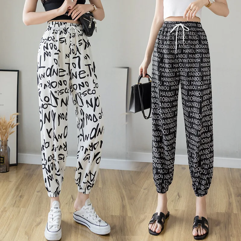 Chiffon Summer New Loose Fashion Letter Printing Graffiti Harajuku Elastic Waist Binding Foot Leisure Sports Ankle-length Pants spring new oversize color tie dyed graffiti casual cargo pants design sense streetwear ankle tied sweatpants women s trousers