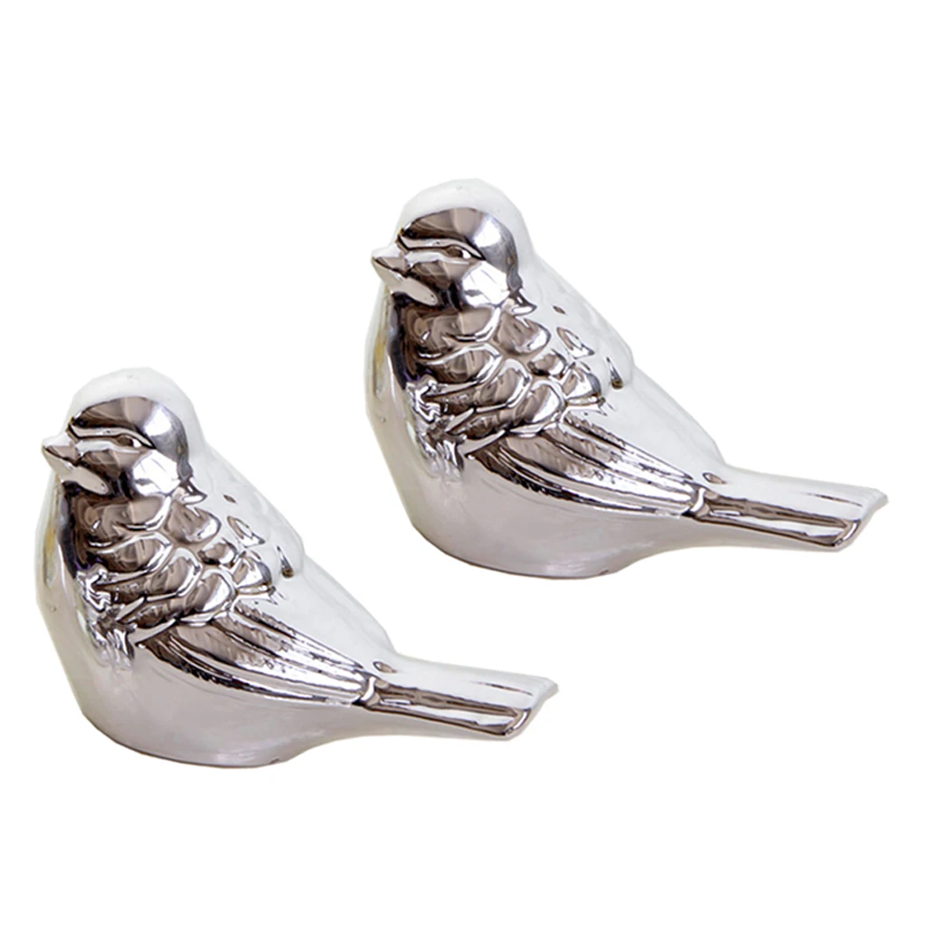 2pcs 7.5x4.5x5cm Silver Glazed Ceramic Bird Shaped Ornament Statue Figurine for Home Room Decor Cafe Office Shop Ornament