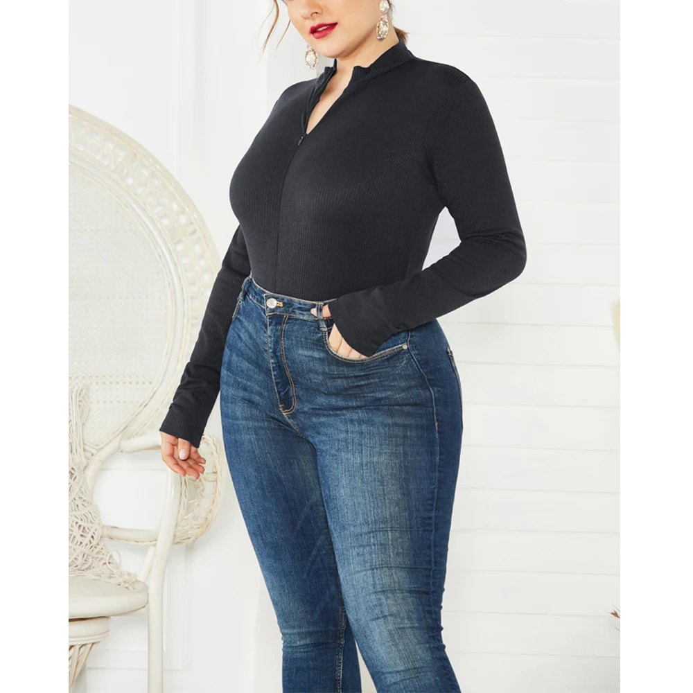 hirigin Womens V Neck Ribbed Long Sleeve Zipper Solid Color Basic Classic Bodysuit Stretch Leotard Tops Jumpsuit Plus Size