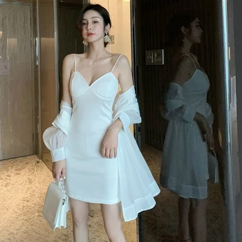 

2020 Summer Beach Two Piece Set for Ladies Slim Sun Protection Jacket and Backless Slip Mini Dress Women Sexy Sheer 2 Piece Set