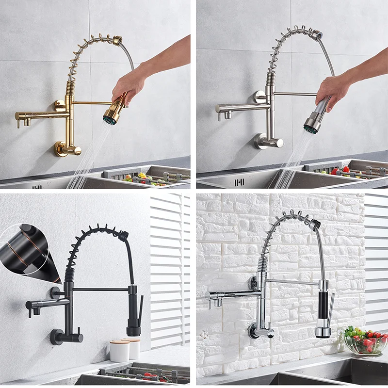 Grifo de cocina montado en la pared de primavera, rociador extraíble