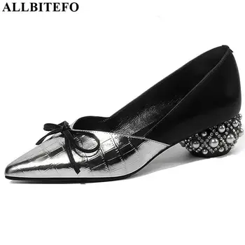 

ALLBITEFO Rhinestone heel full genuine leather thick heel party women shoes women high heel shoes brand high heels women heels