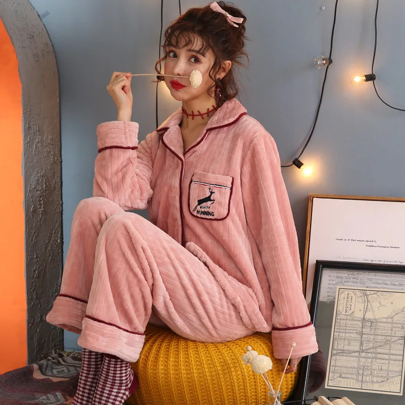 

WOMEN'S Pajamas Winter Coral Velvet Thick plus Velvet Warm Flannel Youth Long Sleeve Tracksuit Autumn And Winter Set