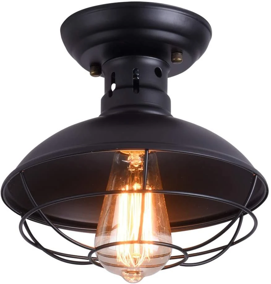 Rustic Metal Cage Ceiling Light Black Lighting Semi Flush Mounted Industrial Farmhouse for Hallway Stairway Foyer Kitchen Light