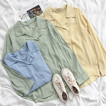 

Korean Style Double-breasted Women Bf Shirts Spring Summer Light Loose Slim Long Sleeve Shirt