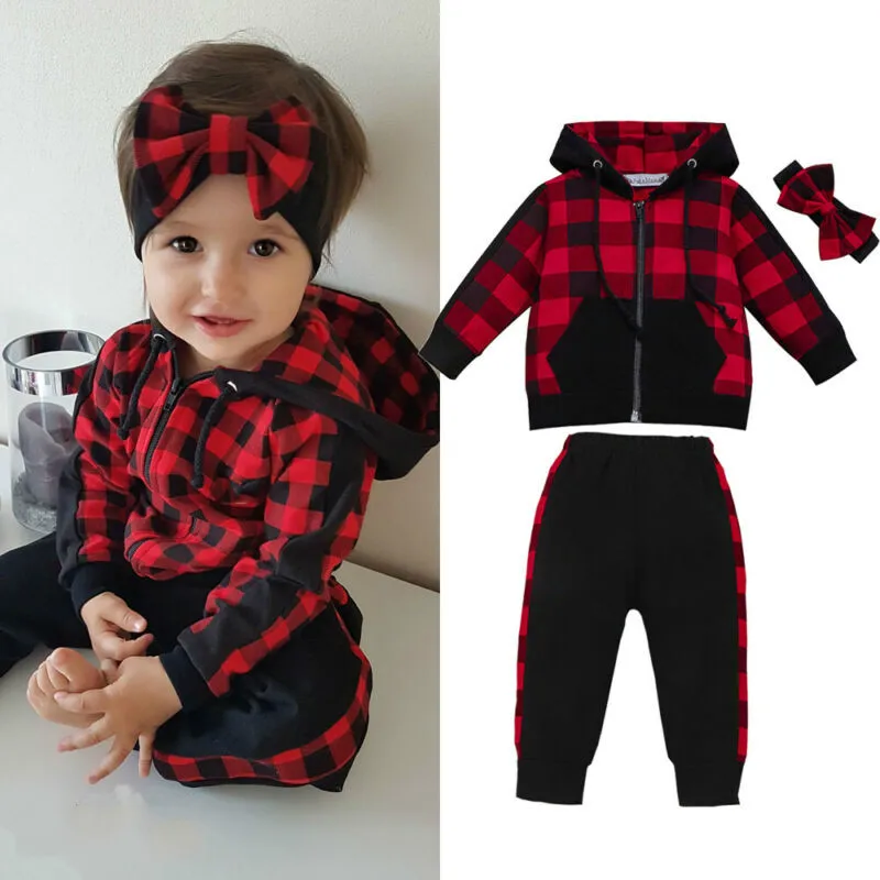 

0-3Y Xmas Toddler Baby Girl Winter Clothes Sets Plaid Zipper Coat Top+Long Pants Headband Outfit 3PCS